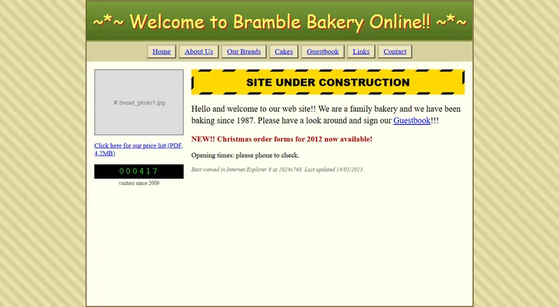 The old site: a cluttered early-2010s bakery homepage