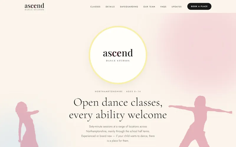 The Ascend Dance Studios homepage on a desktop