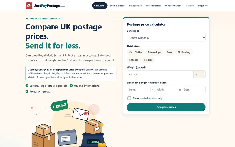 The JustPayPostage homepage with its postage price calculator