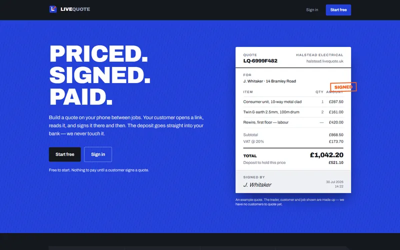 The LiveQuote homepage, showing a signed example quote