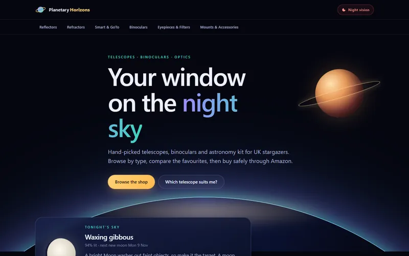 The Planetary Horizons homepage: a night-sky telescope shop