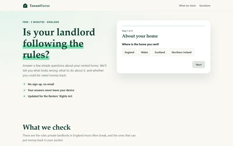 The TenantSaver homepage with its step-by-step renter checker